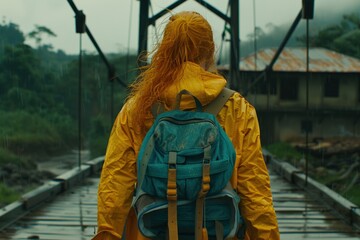 Female traveler in a yellow rain jacket with a blue backpack crossing a suspension bridge in a misty rainforest. Wet weather, lush greenery, and rustic wooden bridge create an adventurous atmosphere.