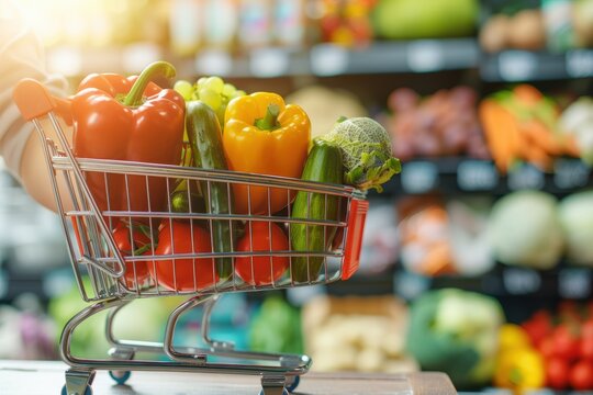 Shopping cart filled with fresh vegetables and fruits in a supermarket aisle. Colorful produce including bell peppers, zucchini, tomatoes, bright lighting, healthy lifestyle, organic food shopping.