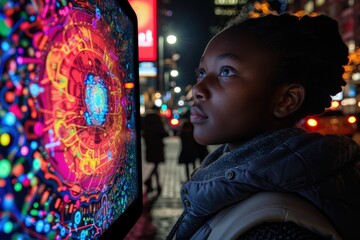 Obraz premium Young African woman gazing at vibrant digital screen displaying complex futuristic graphics on a busy city street at night. Neon lights reflecting on face create curiosity technological advancement.