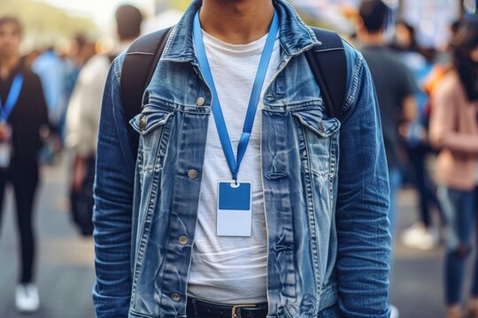 Close-up of an event attendee wearing a blue lanyard with a blank ID badge, standing in a crowded outdoor setting, professional networking, identification, corporate, and social gathering concept.