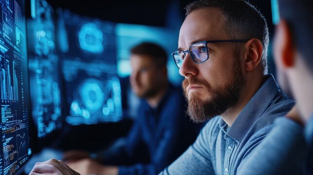 Focused Male Analyst Working with Data on Multiple Computer Screens