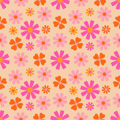 Seamless, summery, floral pattern with pink flowers on an orange background.