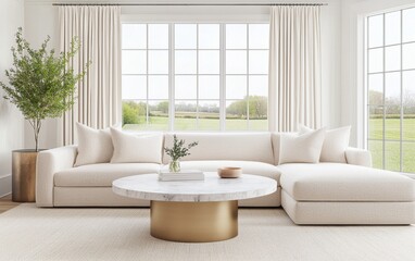 Eclectic living room with a large ivory boucle sectional, a round brass coffee table with a marble top, neutral linen curtains, and a cozy wool rug.