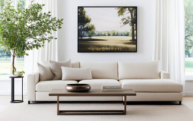 Eclectic living space with a linen sectional in light tan and deep mocha, a sculptural bronze coffee table, a large framed landscape painting in soft earthy