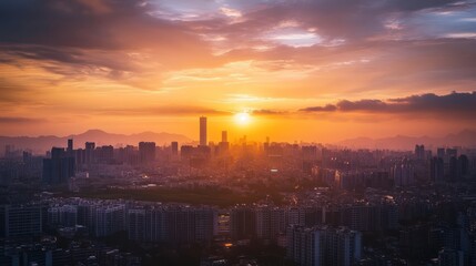 Obraz premium Vibrant sunset over sprawling cityscape.