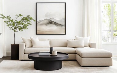 Eclectic living space with a linen sectional in light tan and deep mocha, a round black coffee table with a matte finish, a framed soft toned watercolor