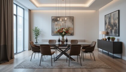 Modern Elegant Dining Room with Stylish Decor and Natural Light