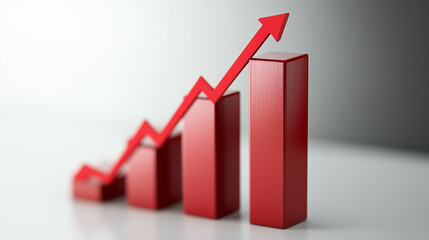 3D red bar forex chart with an upward arrow, symbolizing growth, success or financial progress.