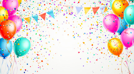 Vector illustration of colorful party balloons, confetti, and ribbon flags, creating a festive celebration background.