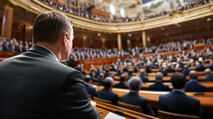 Businessman Observing Conference in Large Legislative Chamber