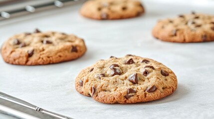Freshly baked chocolate chip cookies on a baking sheet (1)