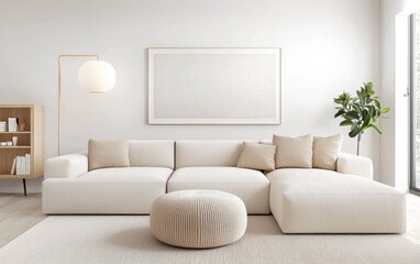 Living room with a serene minimalist design, featuring an extra large neutral sectional sofa, a distinctive knitted pouf in warm beige, bright accent decor