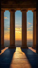 Majestic Pillars: Symbolic Structures Amidst a Serene Twilight Landscape