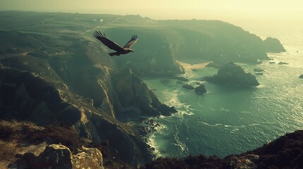 Majestic Eagle Soaring Above the Rugged Coastal Cliffs Landscape at Sunset