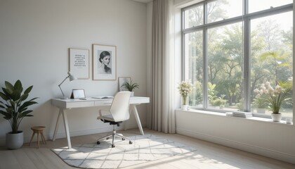 Fototapeta premium Bright and Cozy Home Office with Natural Light and Greenery