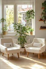 Relaxing setting in a head spa with plants and cozy chairs