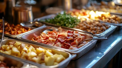 Obraz premium Breakfast Buffet with Bacon, Potatoes, Green Vegetables and Other Food