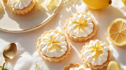 elegant flat-lay of vibrant lemon tarts topped with delicate, flower-shaped meringue designs and a golden lemon curd center