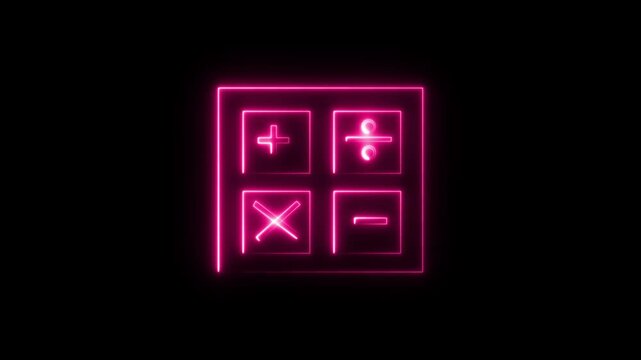 Neon calculator icon. Neon numerical solution calculator on black background.
