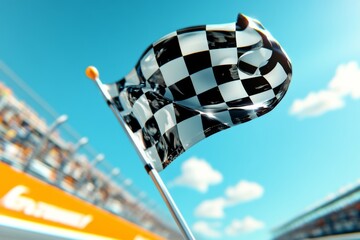 Checkered flag waving at a racetrack during a sunny day signaling the end of a thrilling race