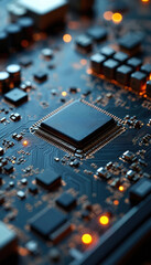 Fototapeta premium Motherboard microchip electronic circuit board close-up. Advanced CPU processor for modern computer tech, AI, data processing. Silicon digital system integrated microcircuit, hi-tech component