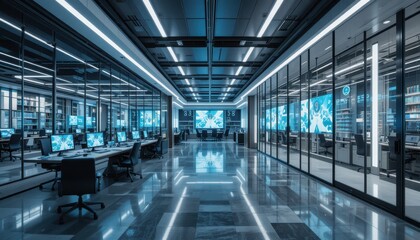 Fototapeta premium Modern Tech Office Interior with Sleek Design and Blue Lighting