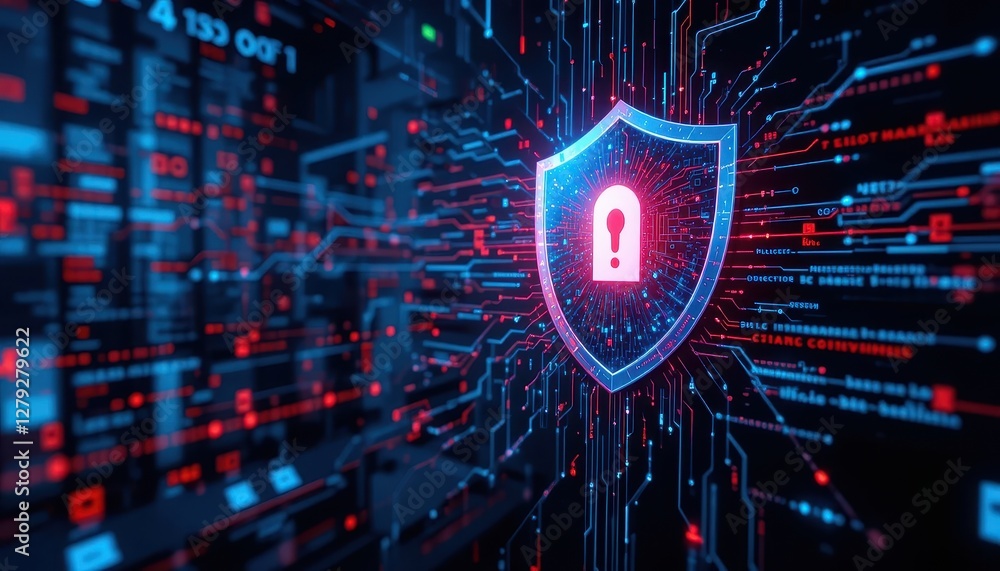 Poster digital security concept with shield and lock on cyber background