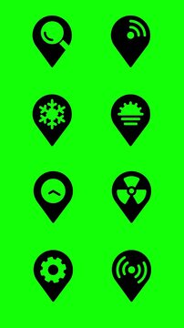 Marcadores de ubicaci&oacute;n con iconos tecnol&oacute;gicos en animaci&oacute;n sobre fondo verde vibrante