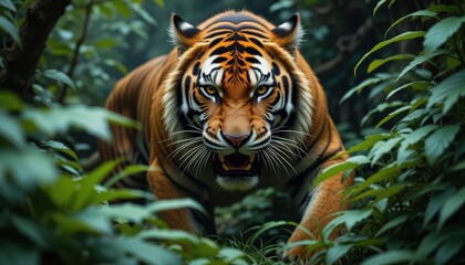 Fototapeta premium Fierce Tiger Stalking Through Lush Green Jungle Undergrowth