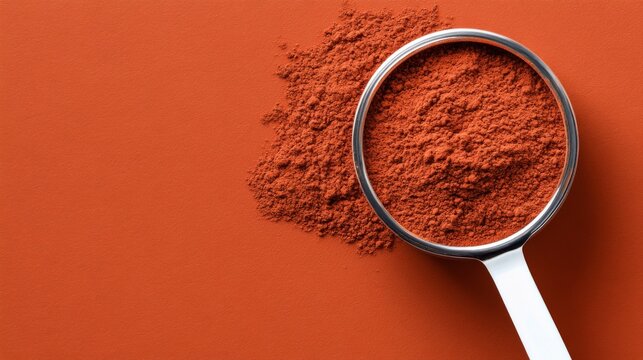 Red spice powder in a metal sieve on a textured orange background highlights cooking ingredients and kitchen preparation techniques