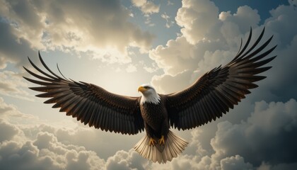 Obraz premium Majestic Eagle Soaring Through Dramatic Cloudy Sky at Sunrise