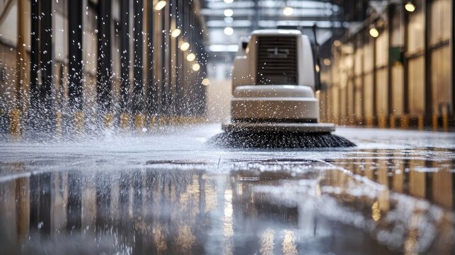 Industrial floor scrubber in action with water spray
