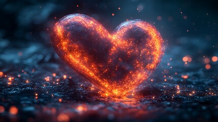 Digital heart shape with futuristic light effects and floating particles