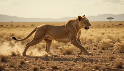 Obraz premium Majestic Lioness Running Gracefully Across Sunlit Desert Landscape