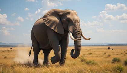 Fototapeta premium Majestic Elephant Running Across Open Savanna Landscape