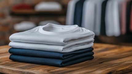 Stacked cotton t-shirts displayed neatly on a wooden table in a cozy retail shop setting during the afternoon