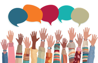 Anonymous raised of multicultural group people.Racial equality.Speech bubble.Crowd people.Men and women of diverse races.Communication.Male female.Diversity inclusion.Isolated