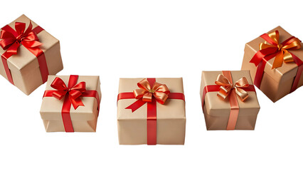 Beautifully wrapped gifts, a cascade of festive presents with rich red and orange ribbons against a black background, conveying joy and anticipation.