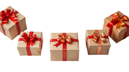 Beautifully wrapped gifts, a cascade of festive presents with rich red and orange ribbons against a black background, conveying joy and anticipation.