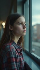 Pensive teenage girl stands alone, gazes through window. Young thoughtful woman reflects. Wears red plaid shirt. Depression, loneliness, health, problems, social issues content. Lifestyle, solitude,