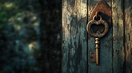 Antique key hanging on rustic wooden door.