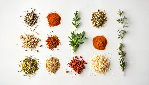 Colorful arrangement of zaatar spices on white background, culinary art
