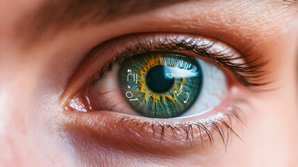 Fototapeta premium Close-up of a person's eye with a sun-like reflection in the pupil, showing detail of the iris and eyelashes. Suitable for medical, vision, or beauty-related projects