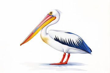 Obraz premium A stylized digital illustration of a pelican standing on water, featuring a long orange beak, white and black plumage, and a reflection in the water, set against a minimalist white background.