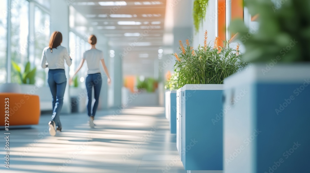 Poster office environment with professionals walking and discussing in a modern workspace during daytime