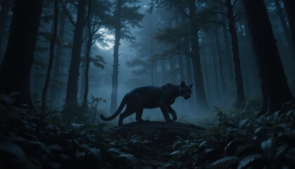 Mysterious Wild Cat Walking Through Foggy Forest at Night