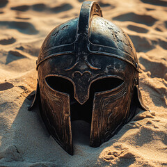 Obraz premium Ancient Gladiator Helmet in Desert: A Symbol of Strength and Craftsmanship