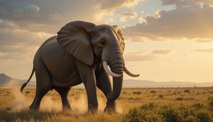 Obraz premium Majestic Elephant Walking Through Golden Savanna at Sunset