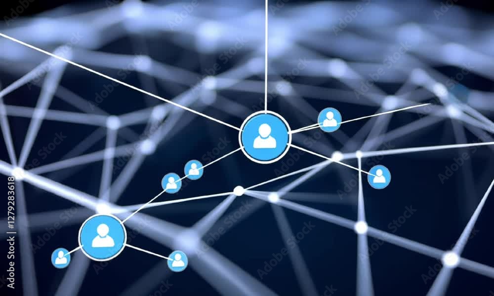 Poster a digital network graphic showcasing interconnected lines with a user icon at the center, symbolizin