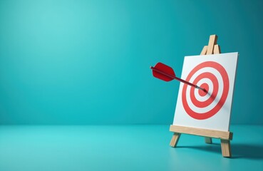 Red arrow hits target bullseye center on blue background. Accuracy in business, sport archery concept. Success with goals, achieving striving excellence. Strategic marketing campaign, financial